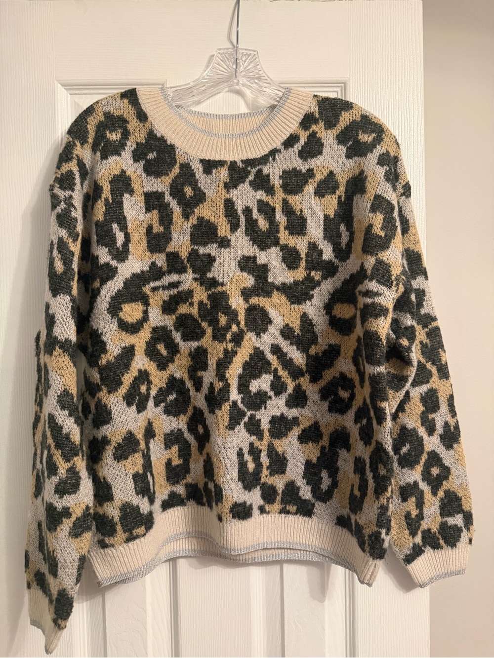 Leopard Print Crewneck Sweater - Cream, Black & Mustard